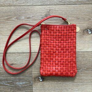 Clare V. Poche Crossbody Bag Bright Poppy Red Woven Leather Phone Pouch